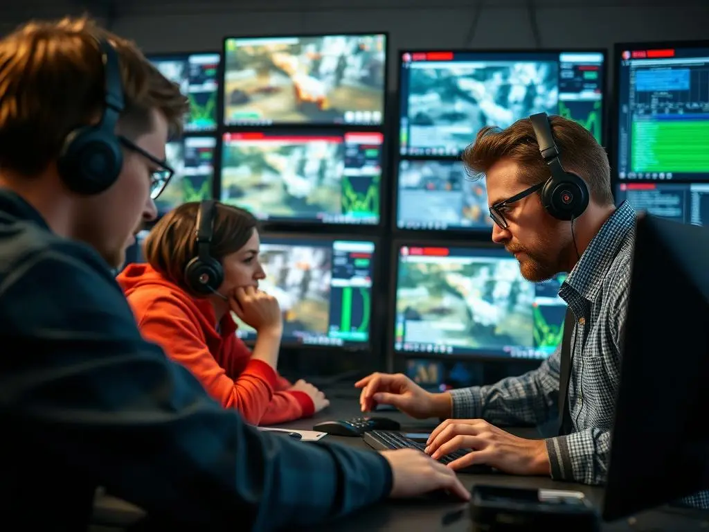 A close-up shot of a game testing team collaborating over a digital interface, examining game elements and discussing feedback. The background features multiple monitors displaying gameplay footage and bug reports, creating a dynamic work environment. The image should be high-resolution, showcasing the team's focus and teamwork, with a color scheme that aligns with rgb(50, 170, 39).