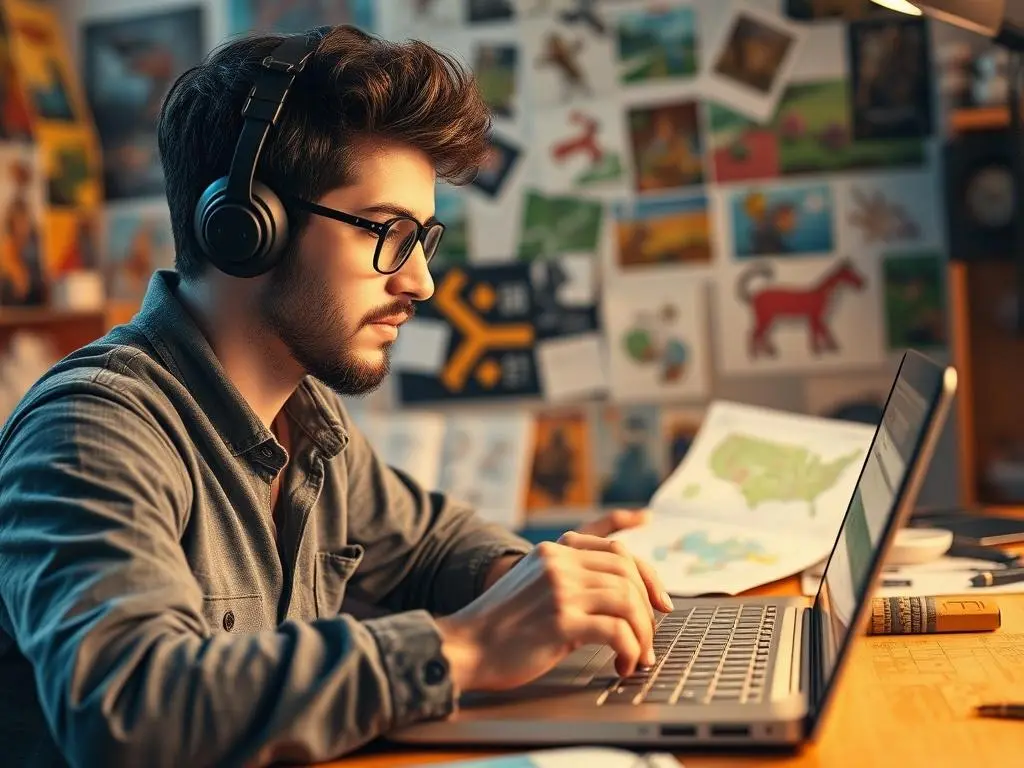 A close-up shot of an indie game developer working on a laptop, surrounded by sketches and game design notes, with a focused expression. The background showcases vibrant game art and graphics. The lighting is warm and inviting, capturing the creative atmosphere. The image should have realistic high-resolution quality, with a focus on the developer and their workspace, compatible with rgb(50, 170, 39).