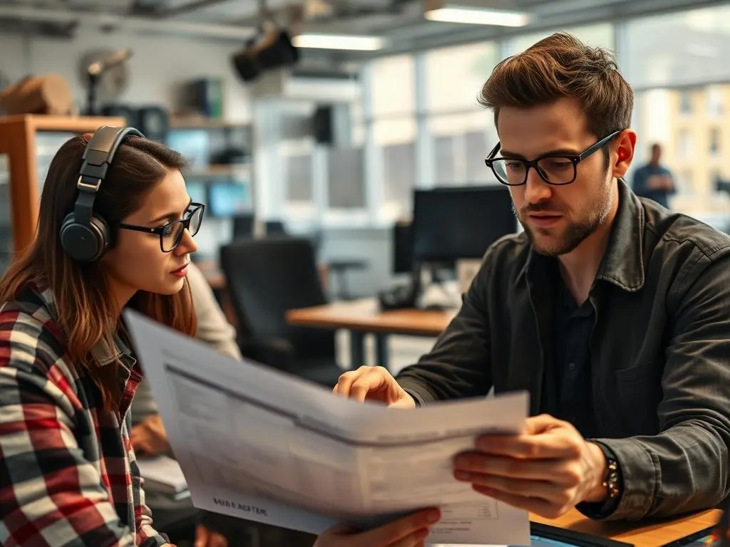 A close-up shot of a lead game developer reviewing a game testing report with a serious expression, while two testers discuss findings in the background. The setting is a modern office filled with game development paraphernalia, conveying a professional atmosphere. The image should be high-resolution and compatible with rgb(50, 170, 39).