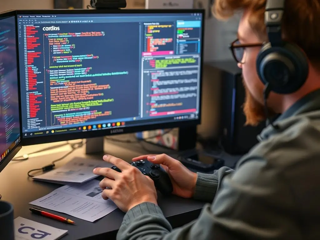 A dynamic shot of a game developer working on a